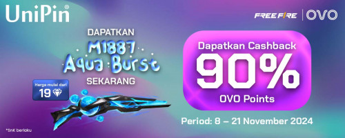 Nov – M1887 Aqua Burst Hadir Kembali! Top up Diamonds Free Fire Dapatkan Cashback 90% OVO Points